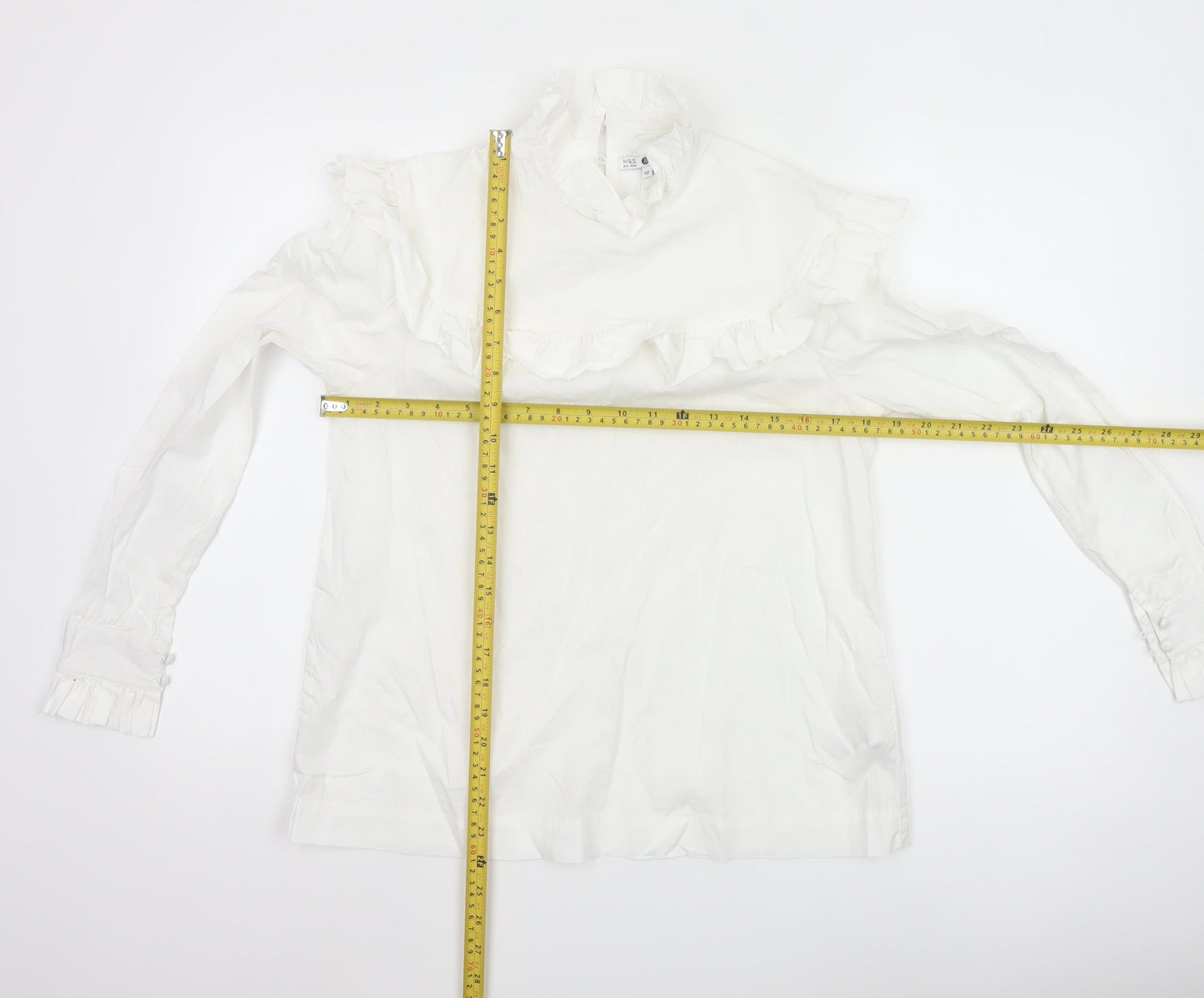 Marks and Spencer Women’s White Cotton Ruffle High Neck Blouse Size 12
