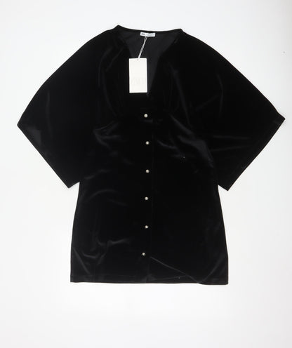 ZARA Women Black Velvet V-Neck Kimono Sleeve Shift Dress Size 8