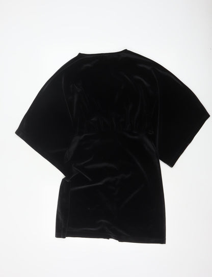 ZARA Women Black Velvet V-Neck Kimono Sleeve Shift Dress Size 8