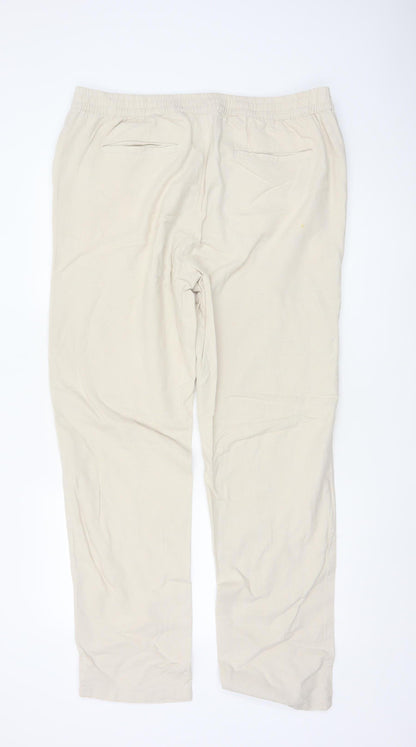 Fabric Beige Cotton Linen Men's L Casual Elastic Waist Trousers