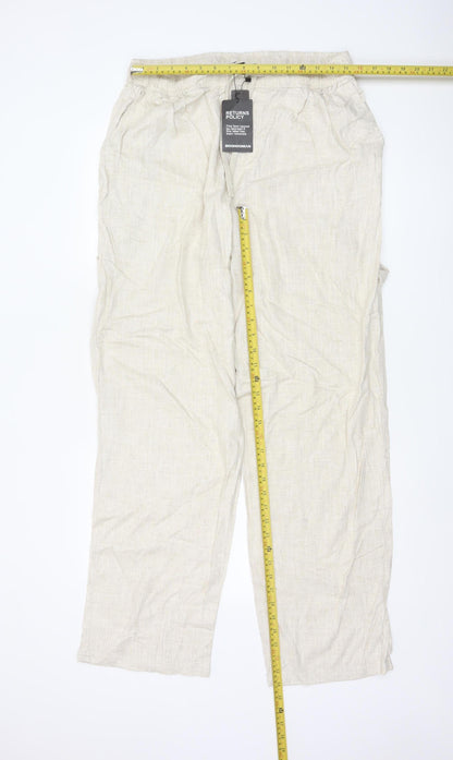 boohooMAN Men's Beige Linen Blend Casual Trousers Size L