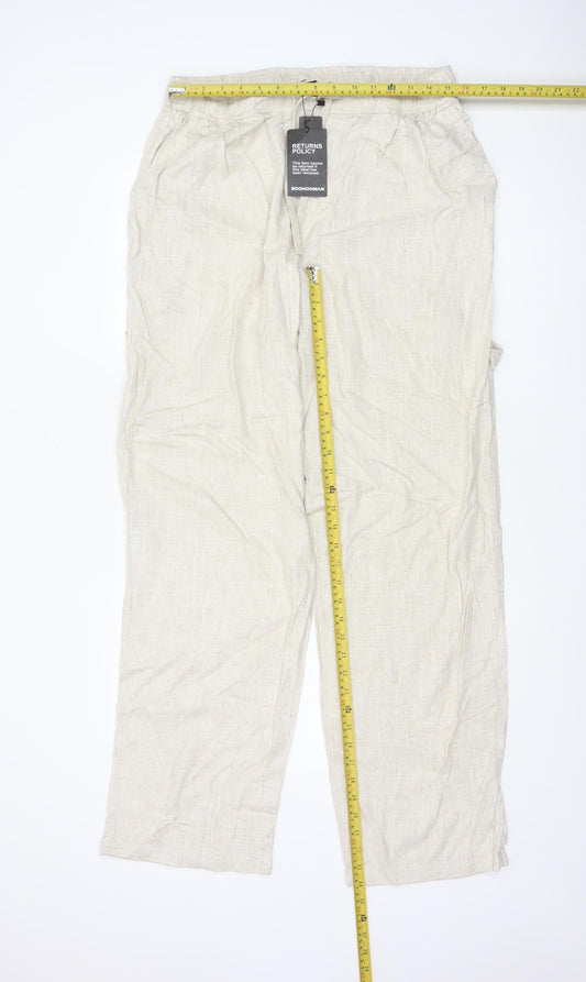 boohooMAN Men's Beige Linen Blend Casual Trousers Size L