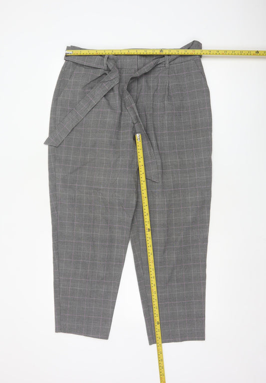 Oasis Womens Grey Check Belted Tapered Trousers Size 14