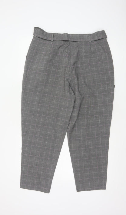 Oasis Womens Grey Check Belted Tapered Trousers Size 14