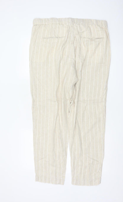 Marks and Spencer Womens Beige Striped Linen Blend Tapered Trousers Size 18