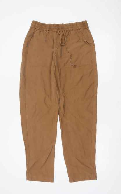 Marks and Spencer Women Brown Linen Blend Drawstring Trousers Size 12 Regular