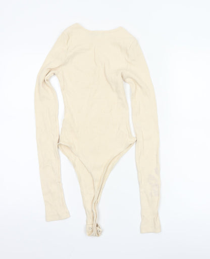 Boohoo Women Beige Long Sleeve Ribbed Bodysuit UK 6