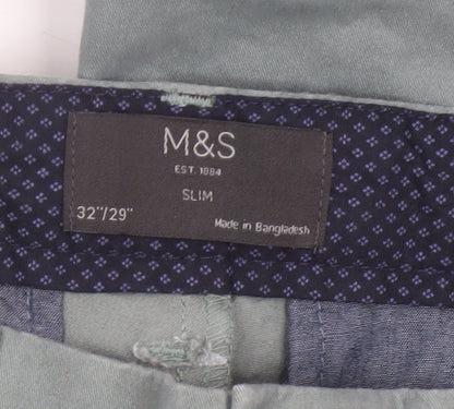 Marks and Spencer Men's Green Slim Fit Chino Trousers 32W 29L
