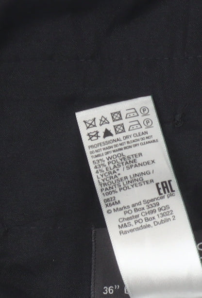 Marks and Spencer Men's Blue Regular Fit Wool Blend Dress Trousers 36W 33L
