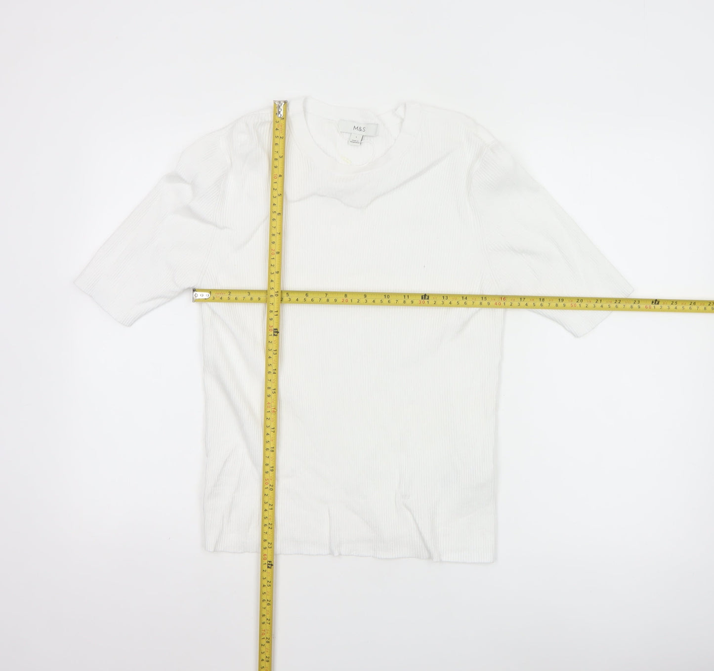Marks and Spencer Women White L Ribbed Short Sleeve Basic Top