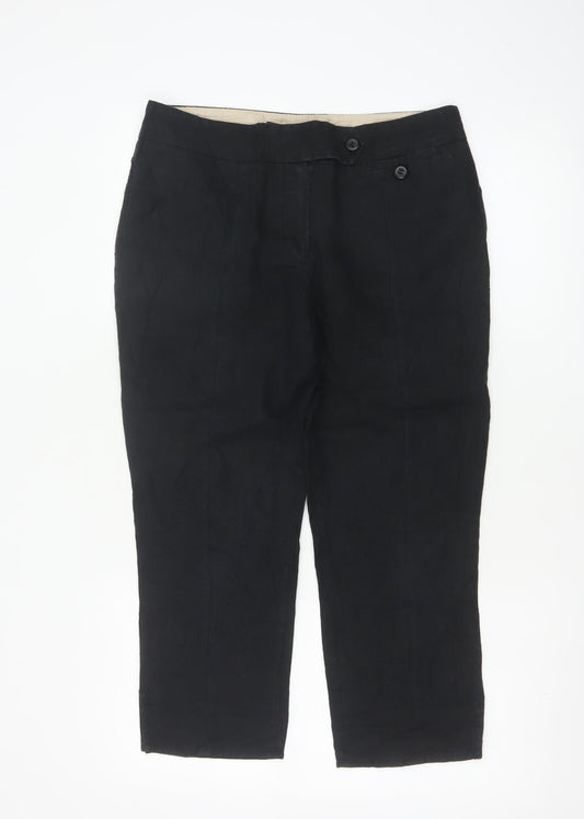 Next Women Black Linen Cotton Cropped Trousers Size 12 Regular