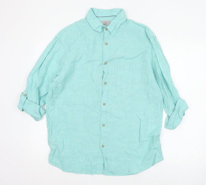 Marks and Spencer Men's Green Linen Regular Fit Long Sleeve Shirt M