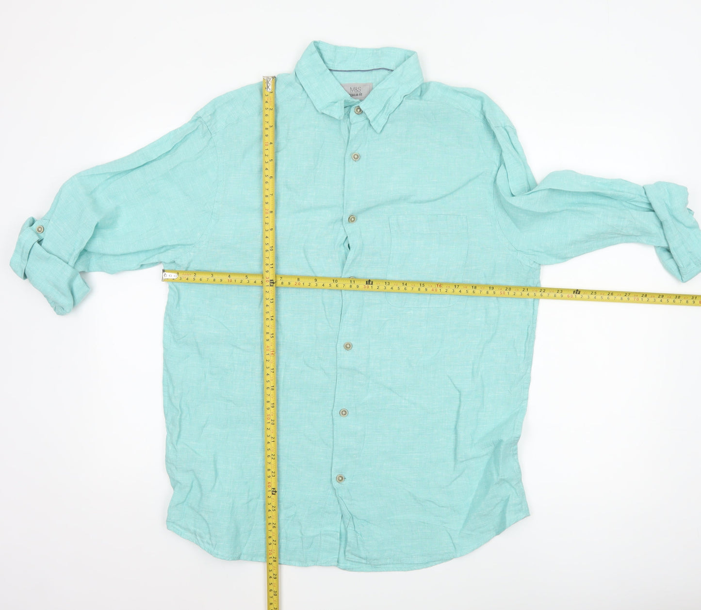 Marks and Spencer Men's Green Linen Regular Fit Long Sleeve Shirt M