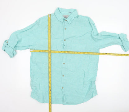 Marks and Spencer Men's Green Linen Regular Fit Long Sleeve Shirt M