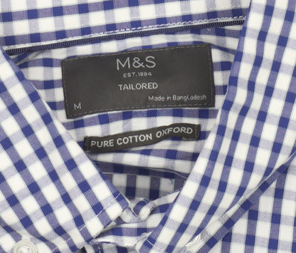 Marks and Spencer Men's Blue Check Tailored Cotton Button-Up Shirt M