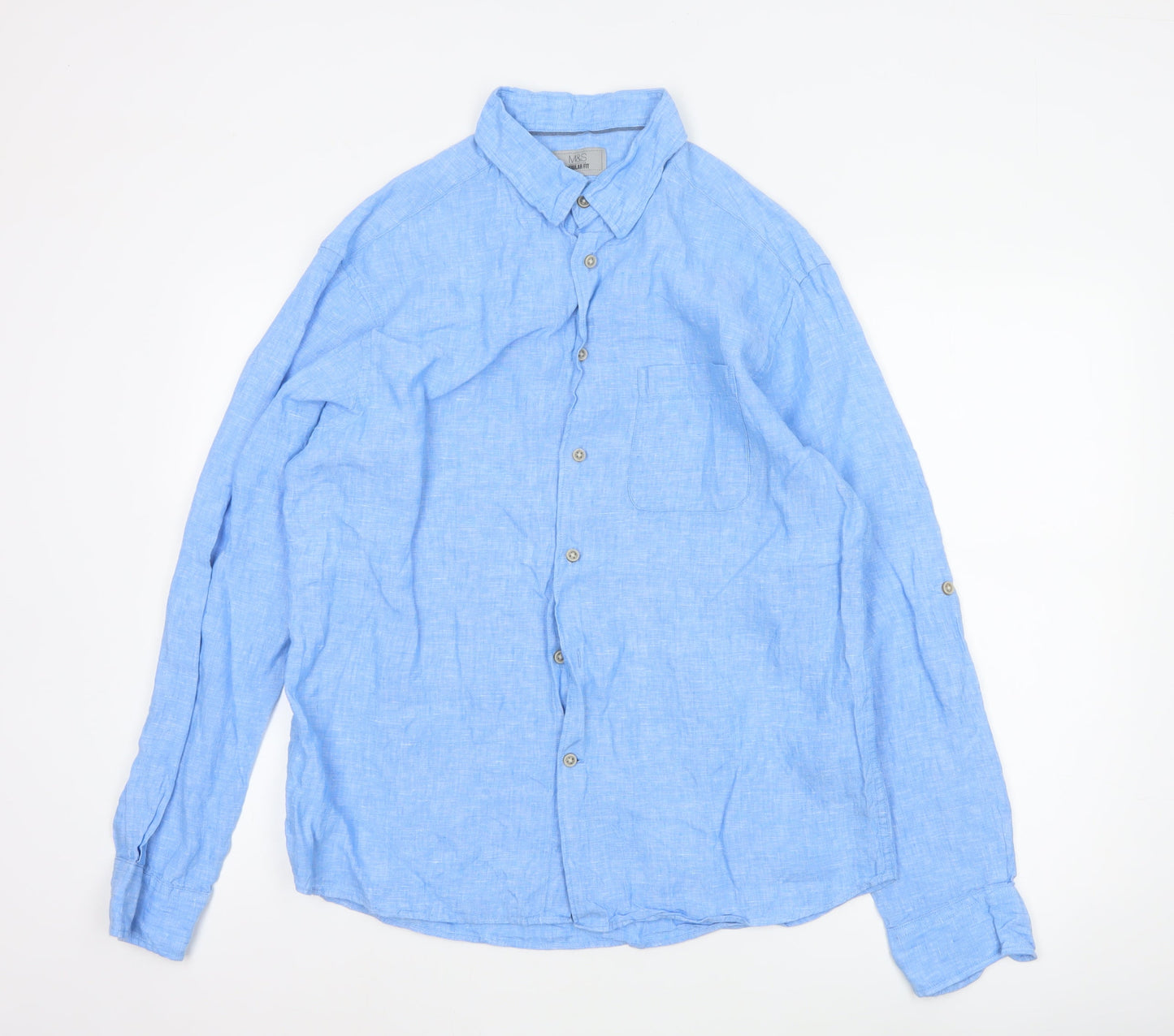 Marks and Spencer Men's Blue Regular Fit Pure Linen Shirt M