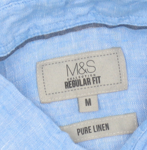 Marks and Spencer Men's Blue Regular Fit Pure Linen Shirt M