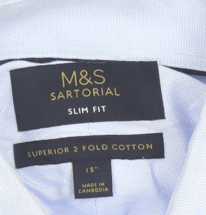 Marks and Spencer Men Blue Slim Fit Long Sleeve Cotton Shirt Size 15