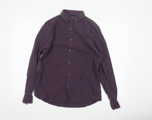 Burton Menswear London Men's Blue and Brown Check Long Sleeve Button-Up Shirt Size M