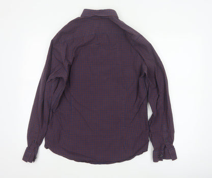 Burton Menswear London Men's Blue and Brown Check Long Sleeve Button-Up Shirt Size M