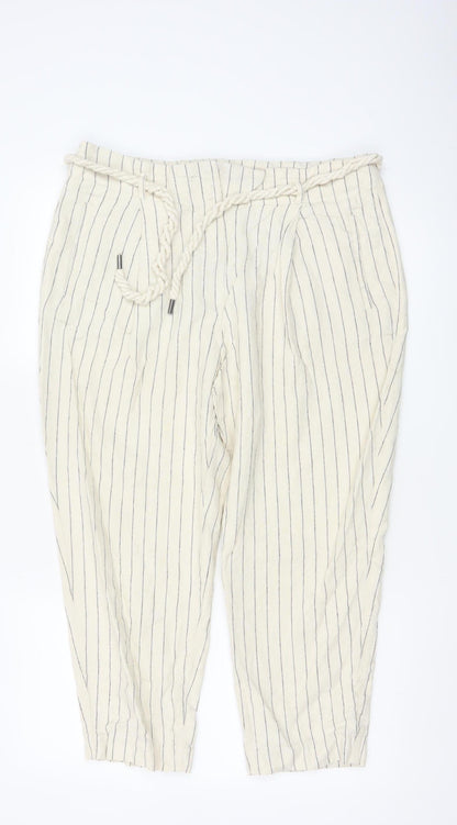 Marks and Spencer Women’s Beige Striped Linen Paperbag Trousers Size 16