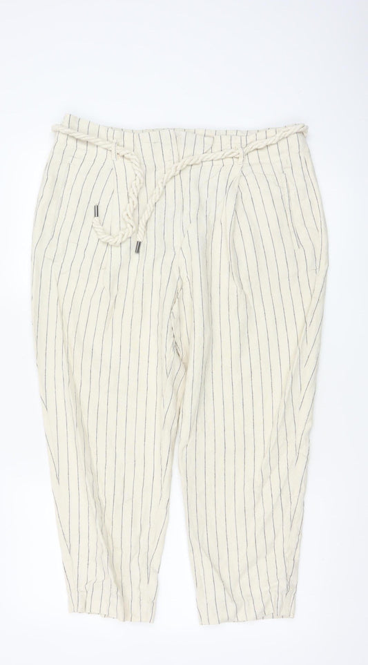 Marks and Spencer Women’s Beige Striped Linen Paperbag Trousers Size 16