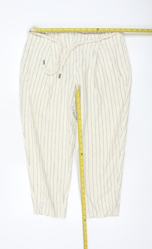 Marks and Spencer Women’s Beige Striped Linen Paperbag Trousers Size 16