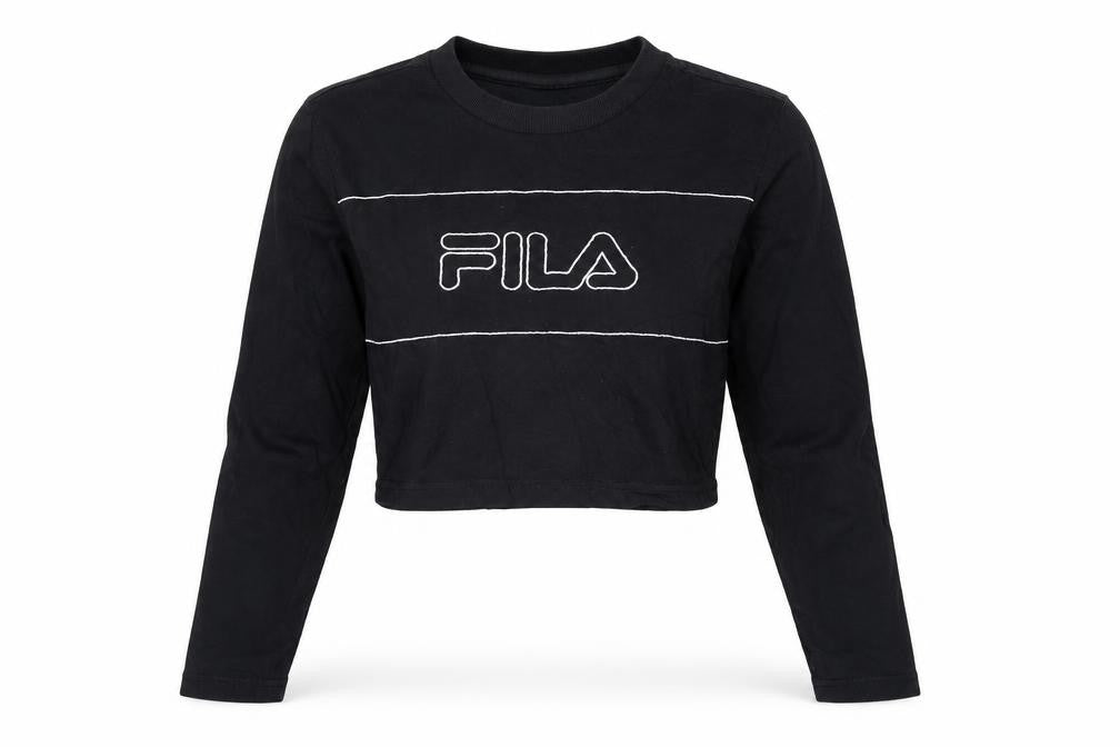 FILA Women's Black Cropped Long Sleeve Cotton T-Shirt XS