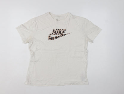Nike Girls White Leopard Print Logo T-Shirt XL Loose Fit Sports Top