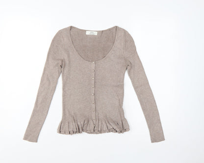 Marks and Spencer Women Beige Size 8 Slim Knit Ruffle Cardigan