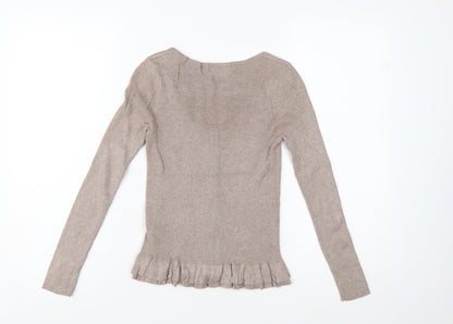 Marks and Spencer Women Beige Size 8 Slim Knit Ruffle Cardigan