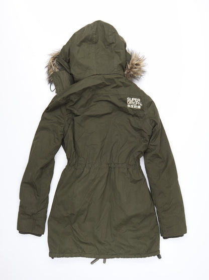 Superdry Womens Green Long Parka Coat S Hooded Faux Fur Trim Winter Jacket