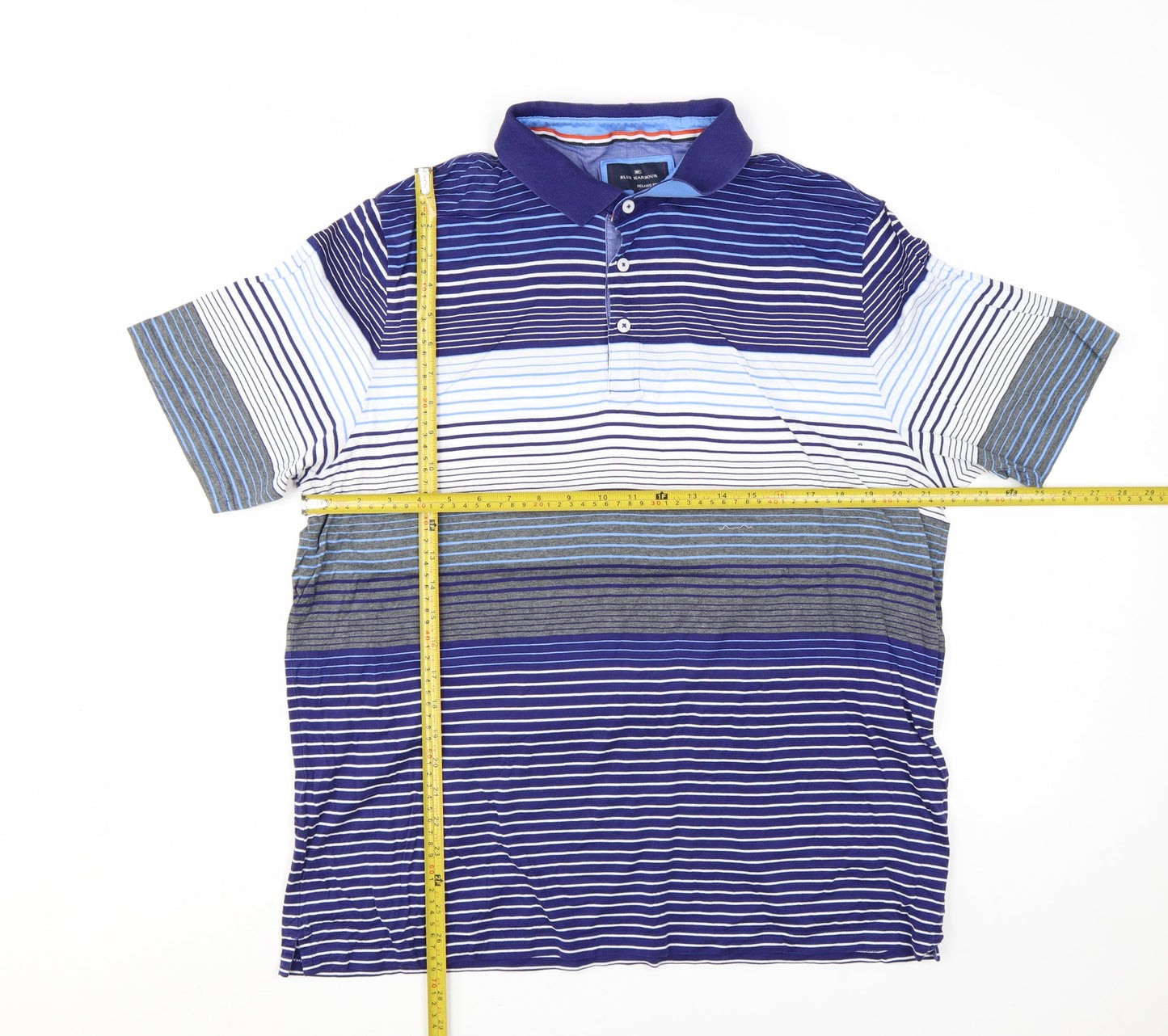 Marks and Spencer Blue Harbour Men's Blue Striped Cotton Polo Shirt XL Relaxed Fit