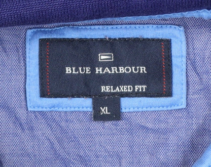 Marks and Spencer Blue Harbour Men's Blue Striped Cotton Polo Shirt XL Relaxed Fit