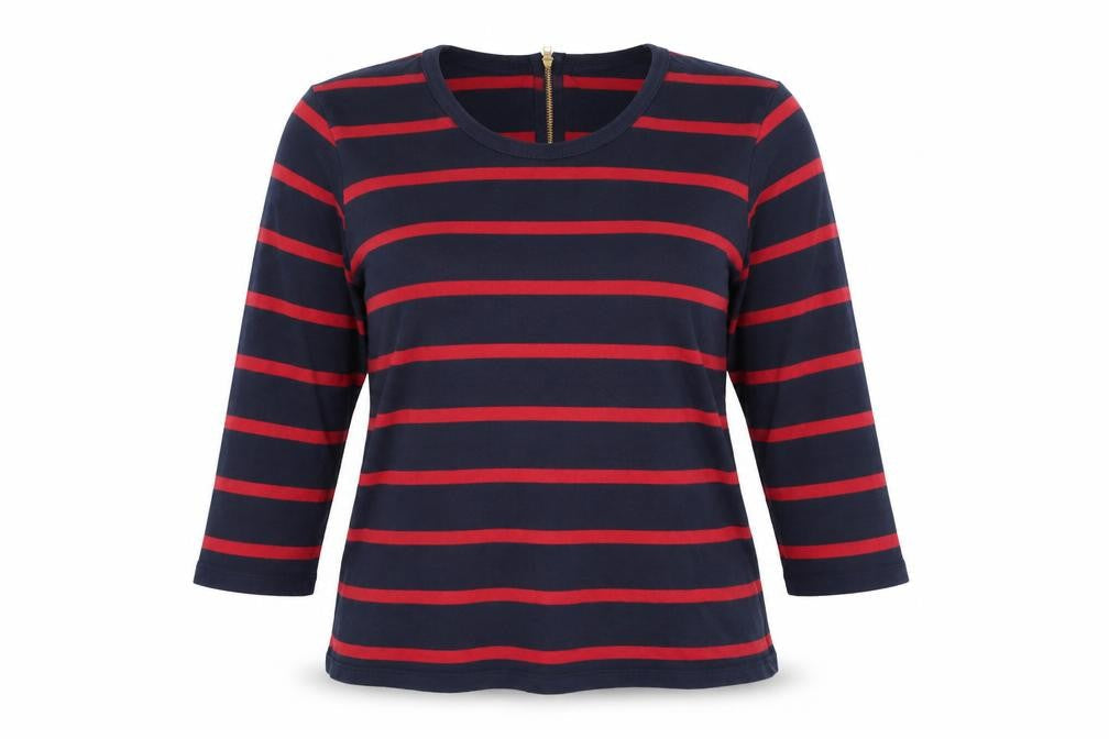 John Lewis Women's Blue Red Striped Cotton 3/4 Sleeve Top Size 16