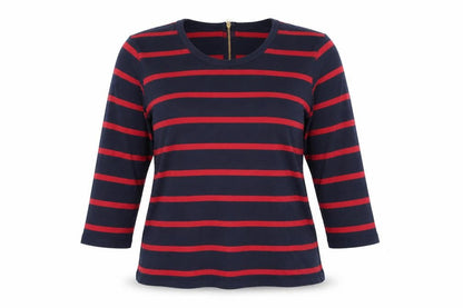 John Lewis Women's Blue Red Striped Cotton 3/4 Sleeve Top Size 16