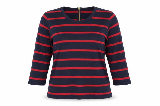 John Lewis Women's Blue Red Striped Cotton 3/4 Sleeve Top Size 16
