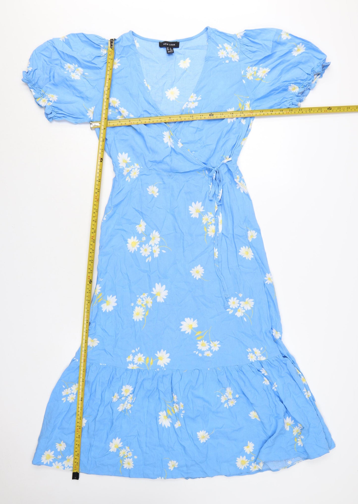 New Look Women Blue Floral V-Neck Midi Wrap Dress Size 8
