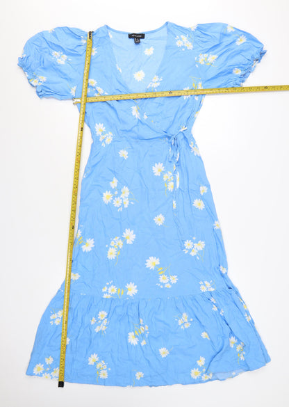 New Look Women Blue Floral V-Neck Midi Wrap Dress Size 8