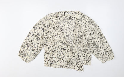Mango Womens Ivory Polka Dot Wrap Blouse L 3/4 Sleeve V-Neck