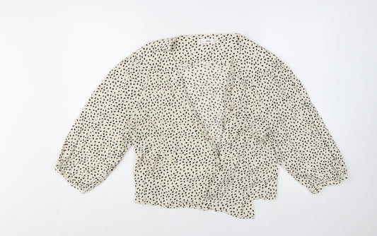 Mango Womens Ivory Polka Dot Wrap Blouse L 3/4 Sleeve V-Neck