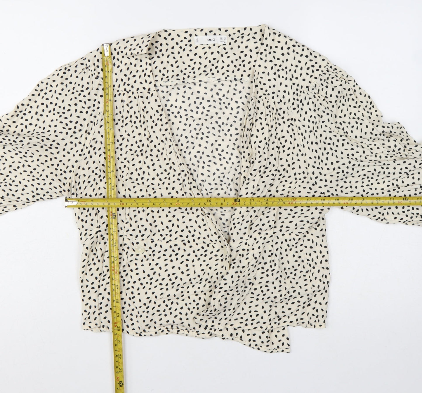 Mango Womens Ivory Polka Dot Wrap Blouse L 3/4 Sleeve V-Neck