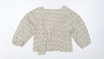 Mango Womens Ivory Polka Dot Wrap Blouse L 3/4 Sleeve V-Neck
