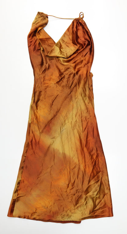 Zara Women Brown Tie Dye Slip Dress Size S Midi Cowl Neck Summer Party