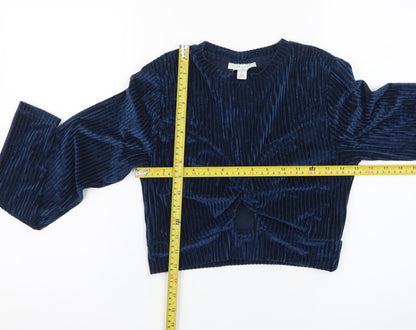Topshop Women's Blue Velvet Cropped Long Sleeve Blouse UK 12