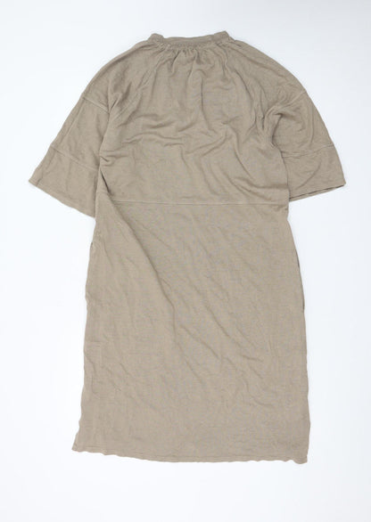 Wrap London Women Beige Midi Shift Dress UK 12 Hemp Cotton Summer