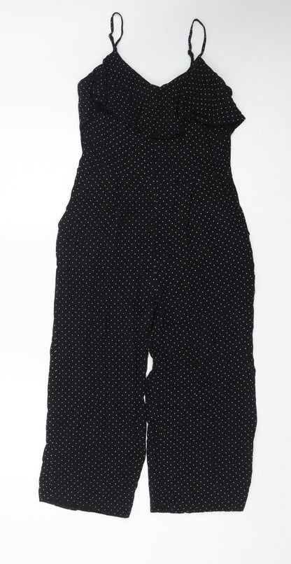 Oasis Women’s Black Polka Dot Ruffle Sleeveless Jumpsuit Size 8
