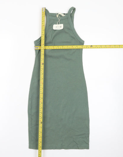 Pull & Bear Women Green S Ribbed Tank Dress Cotton Blend