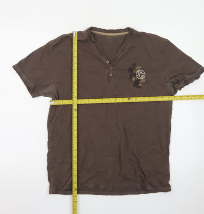 Next Men's Brown Henley Short Sleeve Graphic Cotton T-Shirt Size L