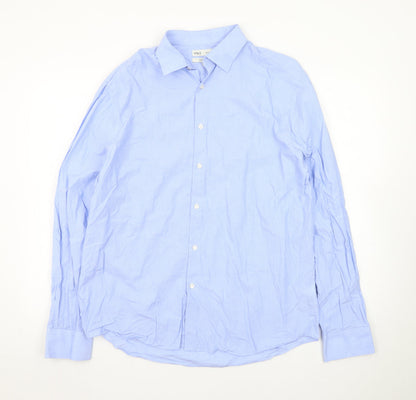 Marks and Spencer Men's Blue Regular Fit Pure Cotton Long Sleeve Dress Shirt L